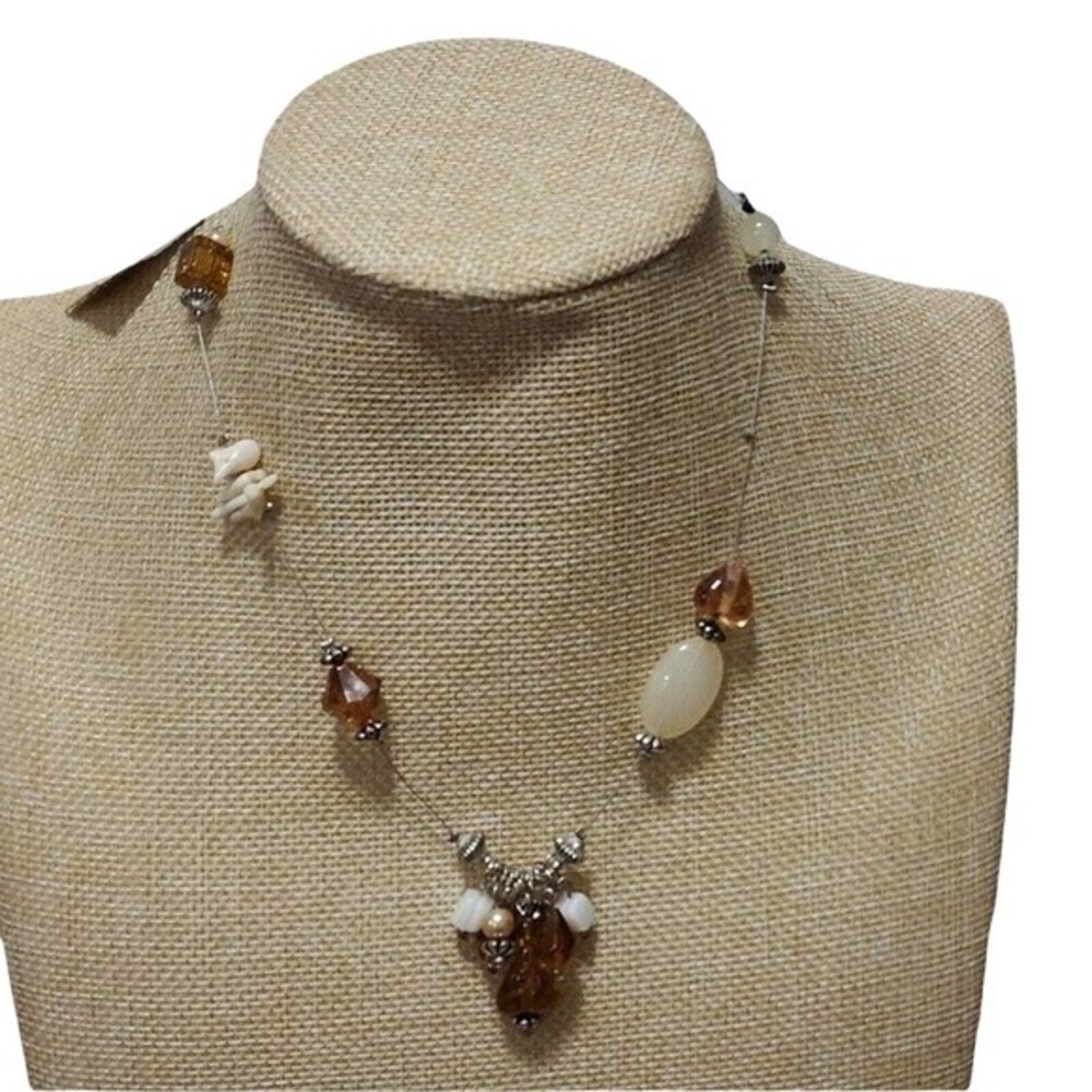 Treska Beaded Cluster Necklace Amber Cream White Floating Wire NWT Adjustable
